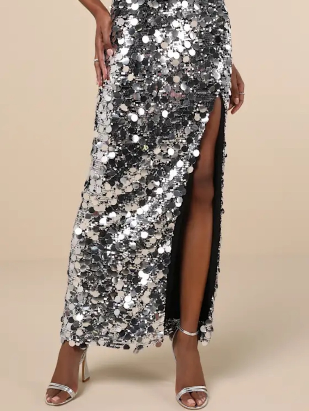 NWT lulus silver sequin maxi skirt with slit - Picture 2 of 4